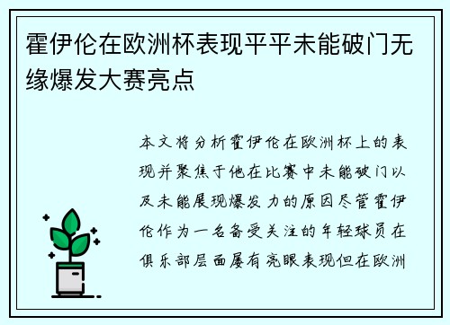 霍伊伦在欧洲杯表现平平未能破门无缘爆发大赛亮点
